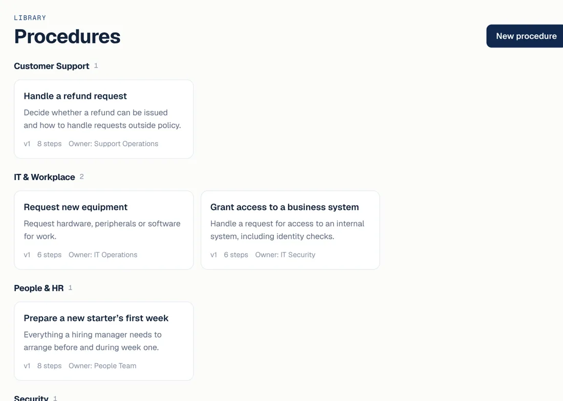 The Studio library: sample procedures grouped by team, each showing its version, step count and owner.